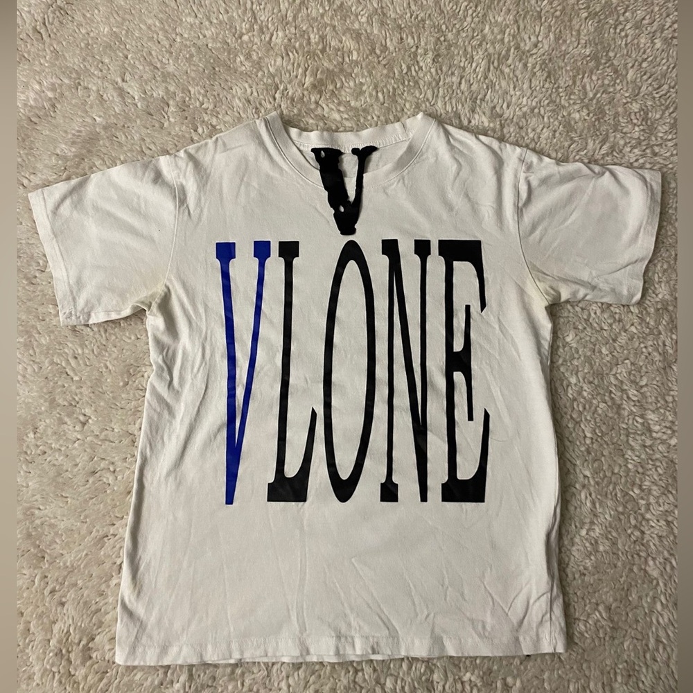 VLONE White and Black T-Shirt with Blue Accent